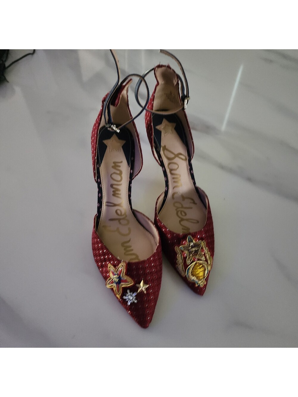 Sam Edelman Burgundy Embellished Ankle-Strap Heels Women’s Size 7